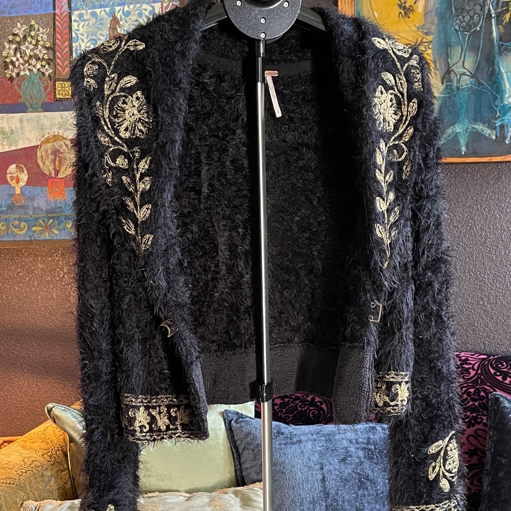 Free People Black Teddy Jacket with Gold Embroidery - Picture 8 of 8